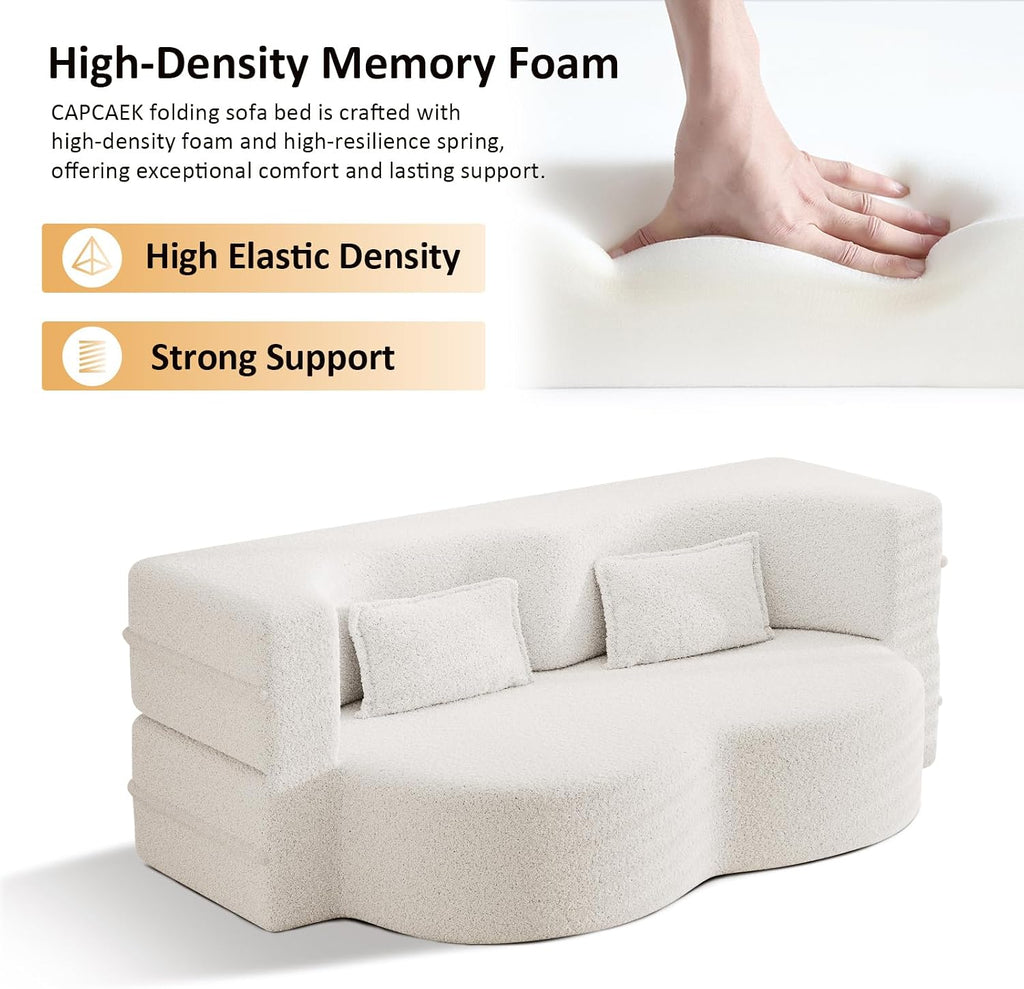 CAPCAEK Folding Sofa Bed,15' Full Size Boneless Couch for Living Room, Convertible Teddy Fabric Foam-Filled Sleeper Futon Loveseat Couch for Living Room, Guest Use, Office, Apartmen (Beige)