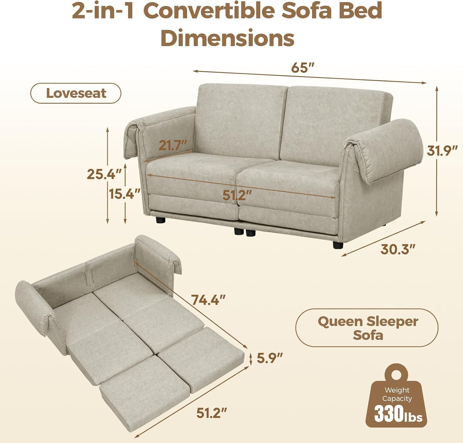 FHFO Loveseat Sleeper Sofa, Convertible Couch Bed Loveset Small Couchs for Small Spaces, 3 in 1 Pull Out Sofa Bed Modern 65' Comfy Futon Sofa Bed Queen for Living Room, Bedroom, Apartment (Beige)