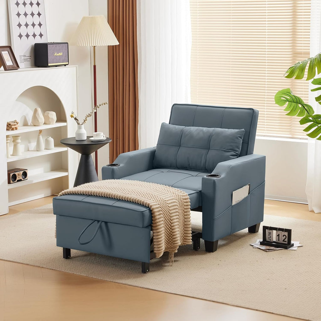 VINGLI Blue Gery Sleeper Chair Bed 3-in-1 Convertible Futon Sofa Bed Pull Out Couch Bed Adjustable Recliner Chair with USB Ports Cup Holders Side Pockets for Living Room Bedroom Small Spaces