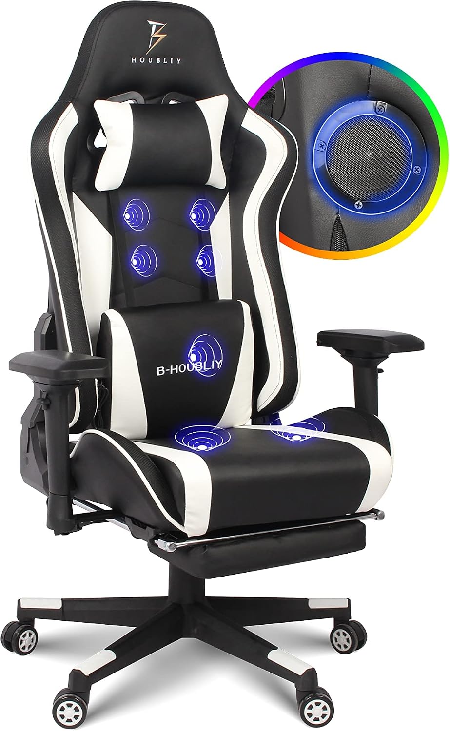 Gaming Chair for Adults,RGB Computer Chair with Footrest, Ergonomic Chair 4D Armrest Move Up And Down 8CM - Video Game Chair with Lumbar Massage Support And Headrest for Office Teenager,White