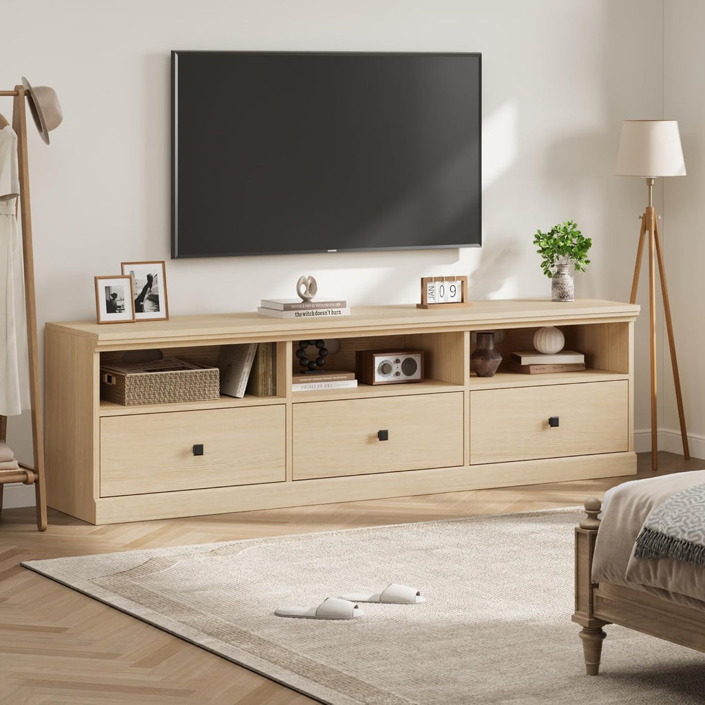 IDEALHOUSE 70in TV Stand for TVs up to 80', Mid Century Modern Entertainment Center with Storage Drawer and Open Shelves, TV Console Media Cabinet for Living Room, Bedroom, Light Oak
