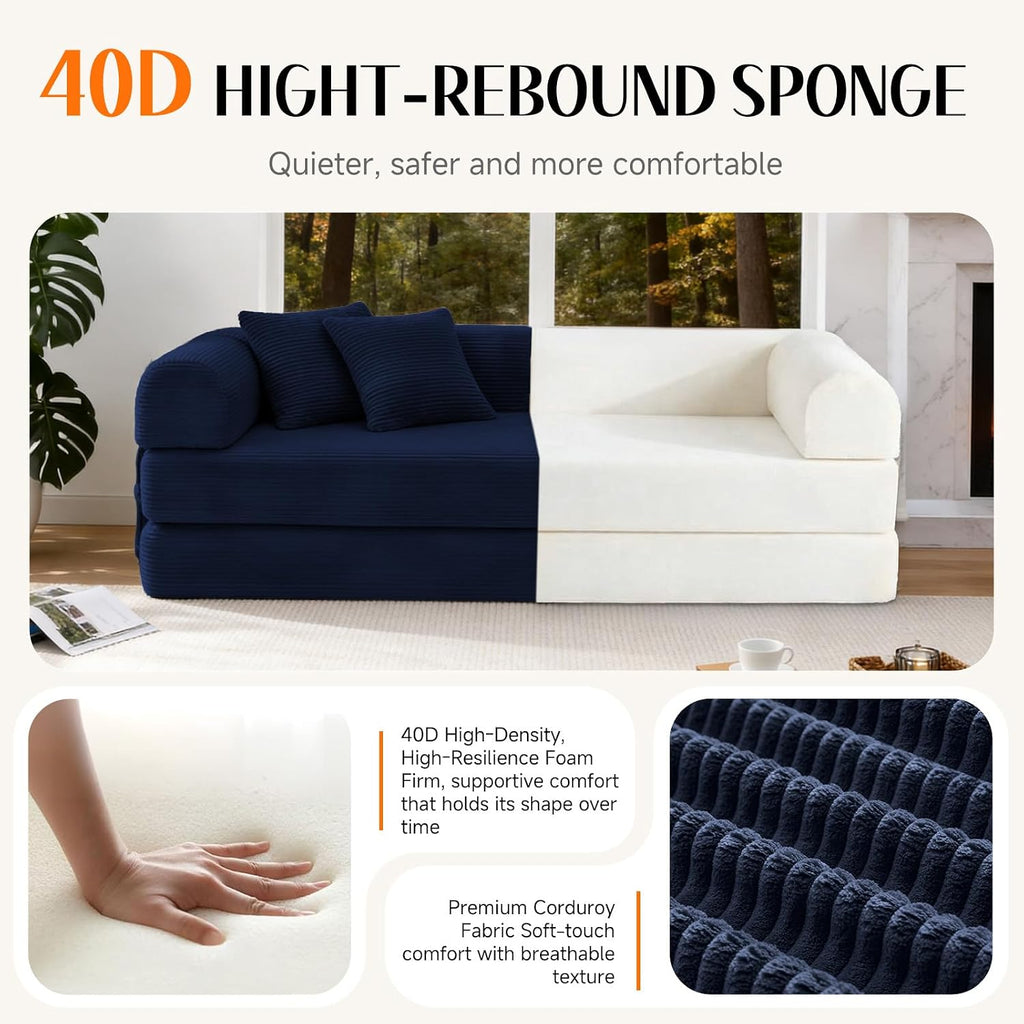 79' Corduroy Sofa Bed, Boneless Couch in a Box with 2 Pillows, High-Density Foam 4-in-1 Foldable Sleeper Futon Loveseat for Small Spaces, No Assembly, Side Pockets, Round Arm Blue