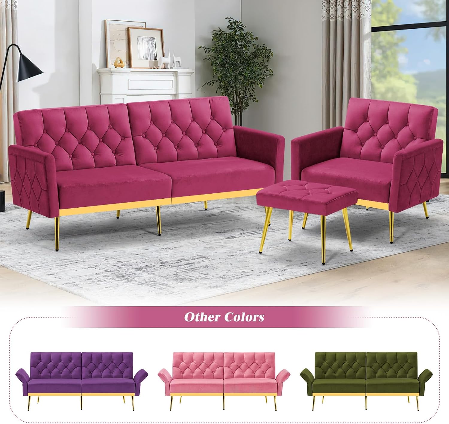 Velvet Sofa Bed w/Adjustable Armrests and Backrests, Modern Convertible Sleeper Sofa, Tufted Futon Sofa for Bedroom, Living Room, Apartment, Fuchsia