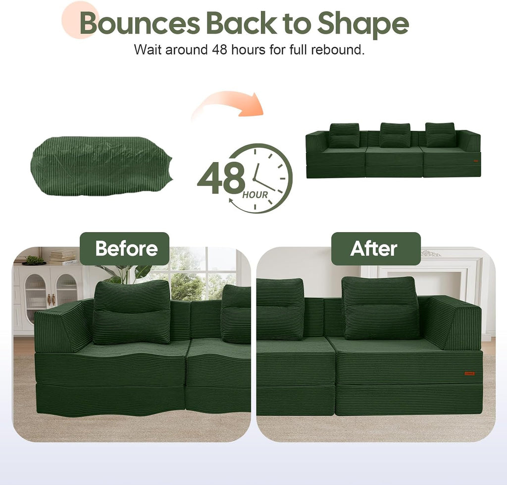 COMAX Futon Sofa Bed 3 Seater, 106' Convertible Sofa Bed Couches for Living Room, 4 in 1 Folding Boneless Sleeper Corduroy Couch Foam in a Box, Comfy Foldable Lounge Fold Out Floor Mattress, Green
