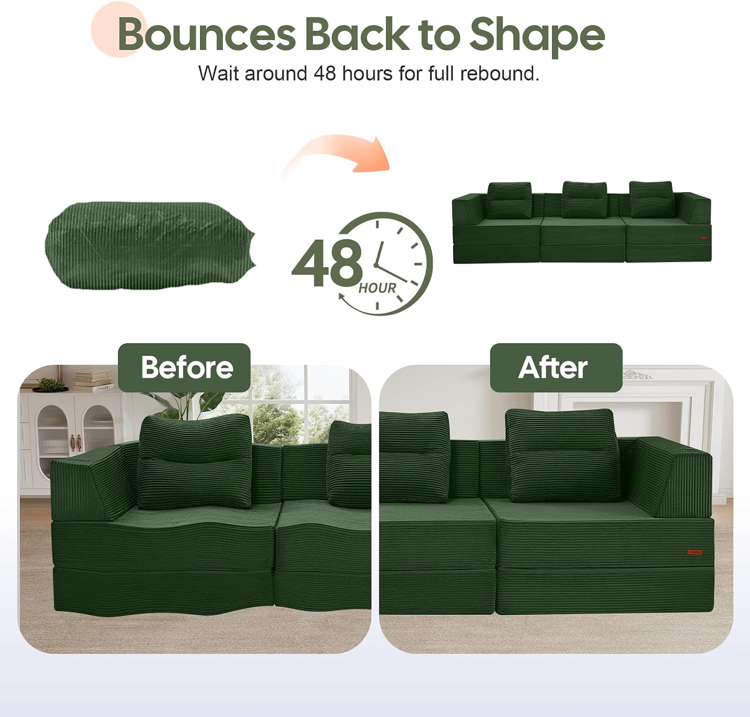COMAX Futon Sofa Bed 3 Seater, 106' Convertible Sofa Bed Couches for Living Room, 4 in 1 Folding Boneless Sleeper Corduroy Couch Foam in a Box, Comfy Foldable Lounge Fold Out Floor Mattress, Green