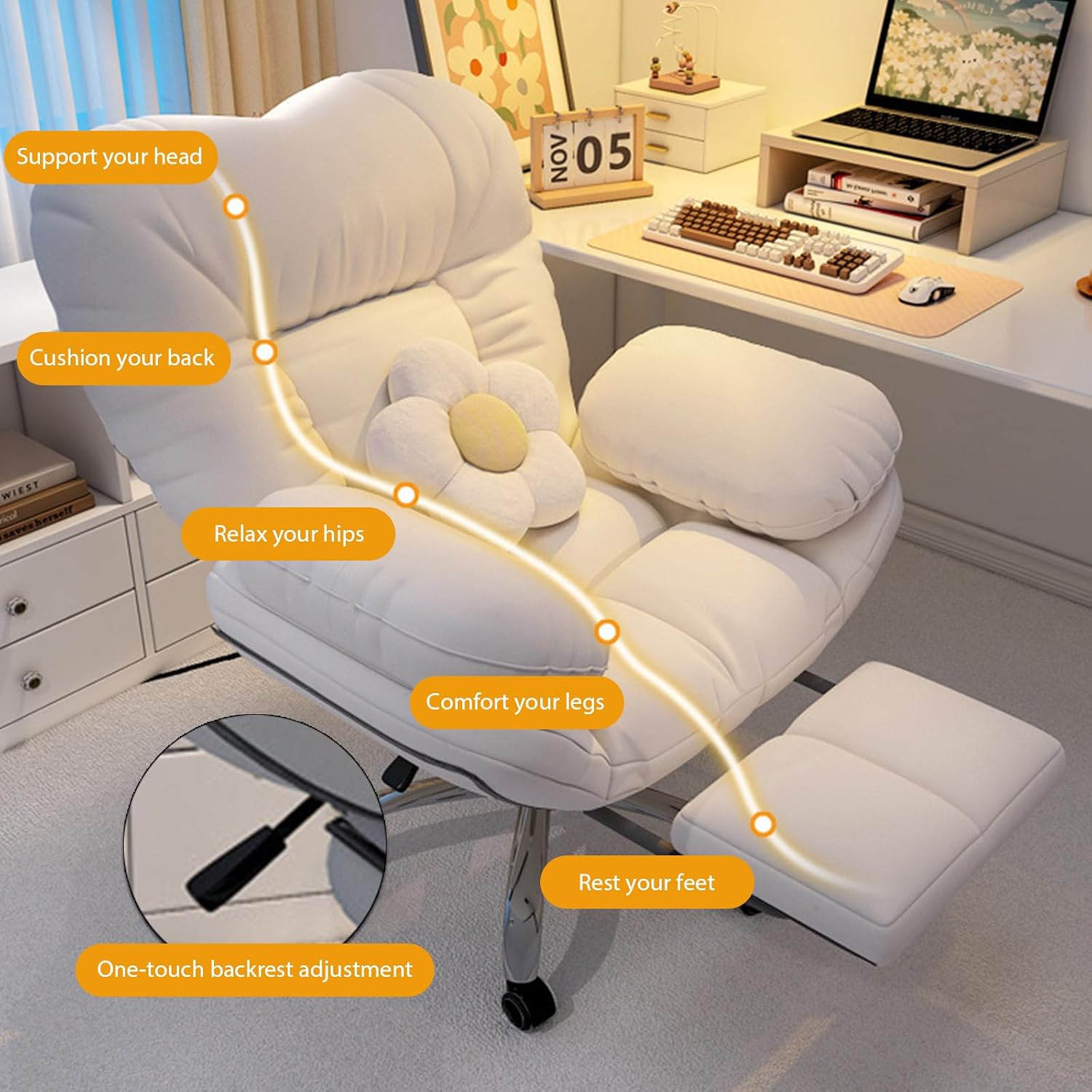 Comfortable Office Chair with Adjusted 90° and 160° Backrest and Armrests, Gaming Computer Chair with Lumbar Support, Foot Rest for Bedroom, 27.56 * 23.23 * 45.67 in