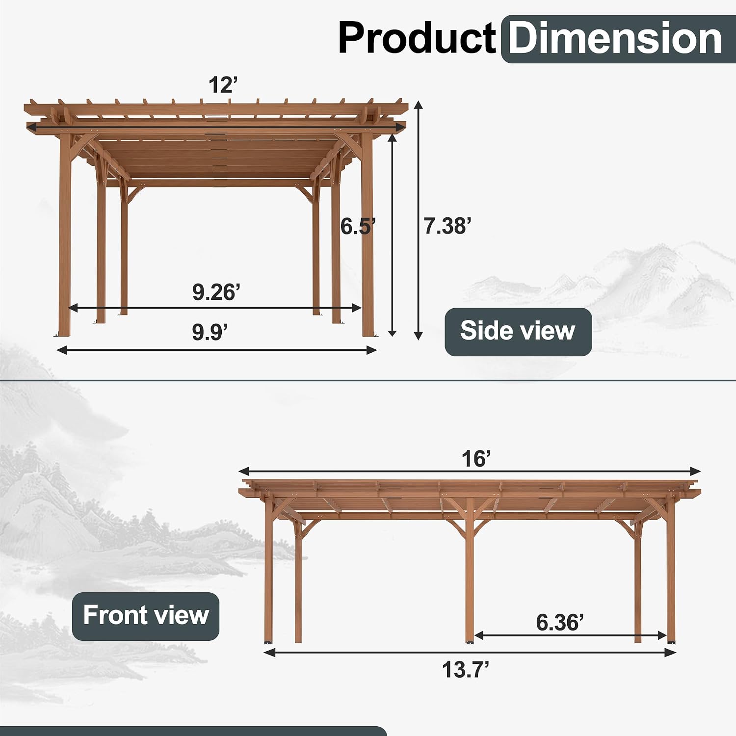 Wood Pergola Gazebo for Climbing Plants - Free Standing Outdoor Garden Structure with Waterproof Solid Fir, Windproof Level 6 & 200lb Snow Load - Backyard, Patio, Poolside Brown (12 x 16 FT)