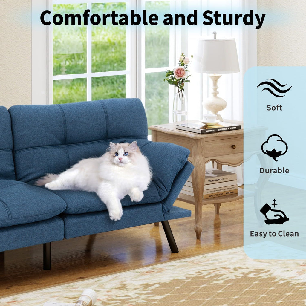 MUUEGM 71' Convertible Futon Sofa Bed, Upholstered Small Futon Couches with Adjustable Backrest, Loveseat Sleeper Bed for Compact Living Room Studio Office (Blue)