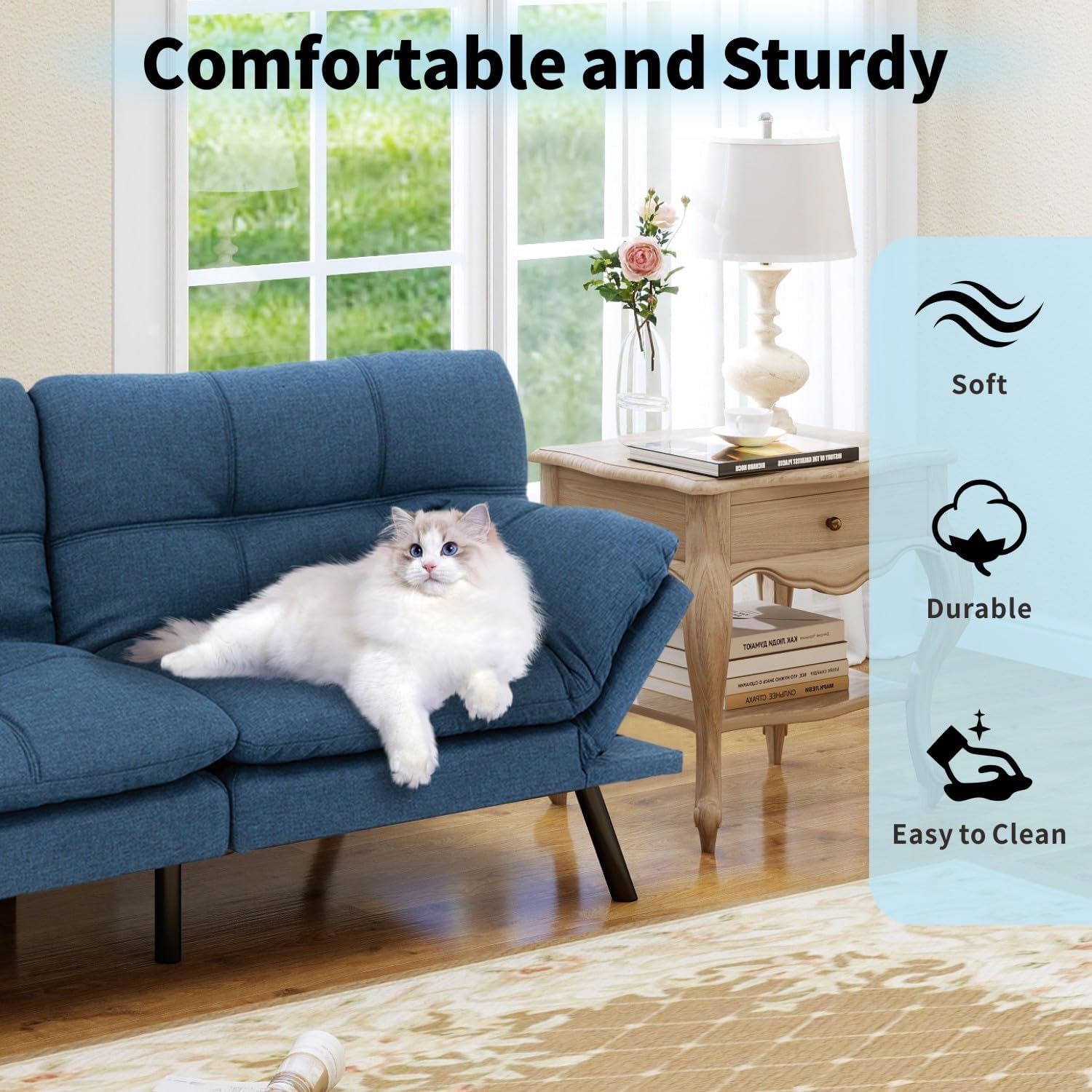 MUUEGM 71' Convertible Futon Sofa Bed, Upholstered Small Futon Couches with Adjustable Backrest, Loveseat Sleeper Bed for Compact Living Room Studio Office (Blue)