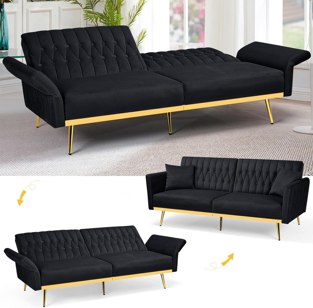 2 Pieces Velvet Sofa Set with Adjustable Armrest and Backrest, 70' Convertible Futon Sofa Bed & Mordern Accent Chair with Ottoman for Living Room, Bedroom, Black