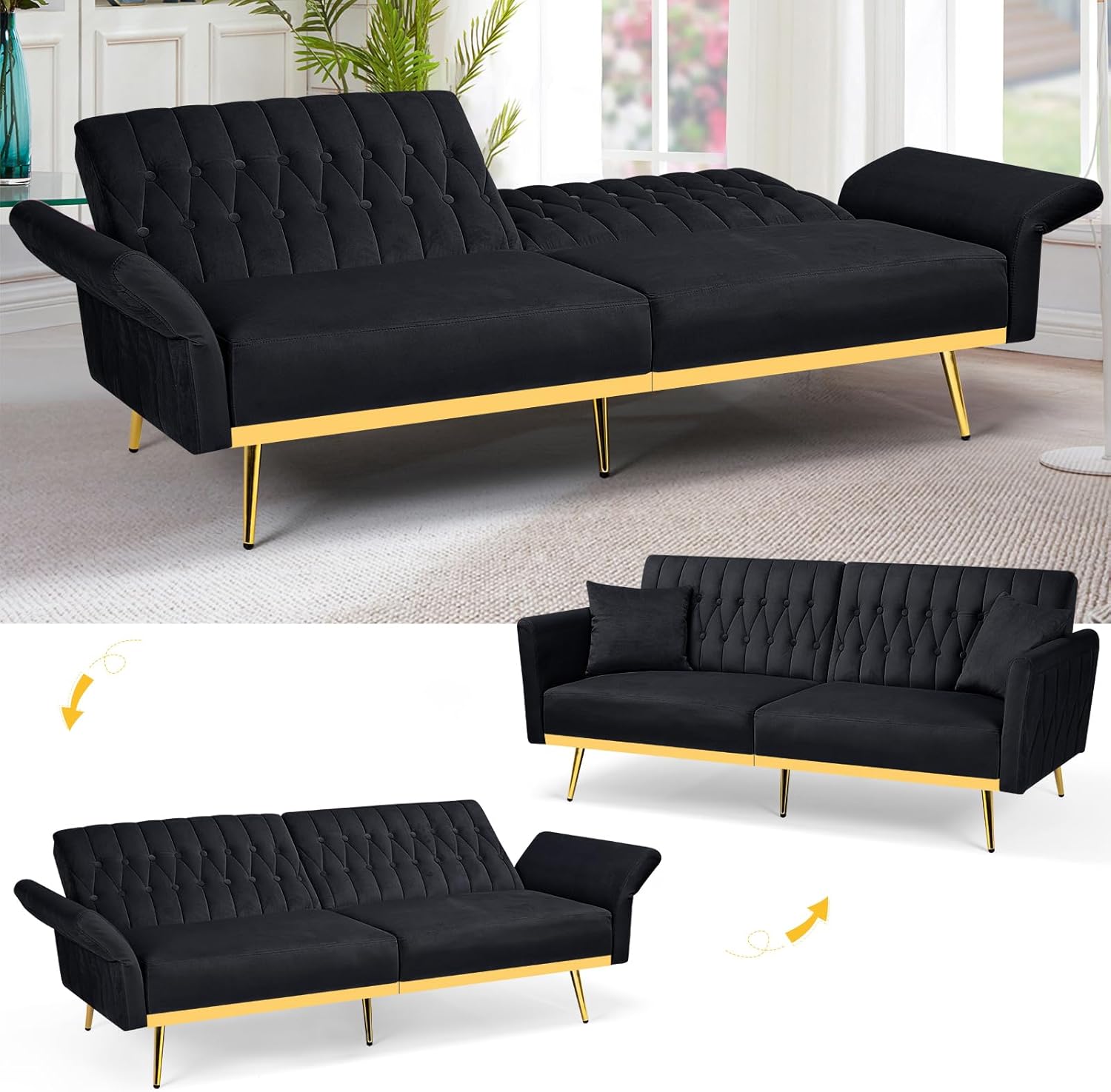 2 Pieces Velvet Sofa Set with Adjustable Armrest and Backrest, 70' Convertible Futon Sofa Bed & Mordern Accent Chair with Ottoman for Living Room, Bedroom, Black