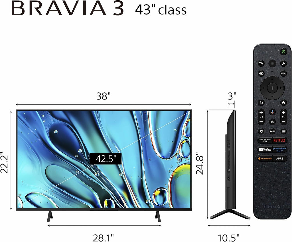Sony 43-Inch Class 4K Ultra HD BRAVIA 3 LED Smart TV with Google TV, Dolby Vision HDR, and Exclusive Features for PlayStation®5 (K-43S30)