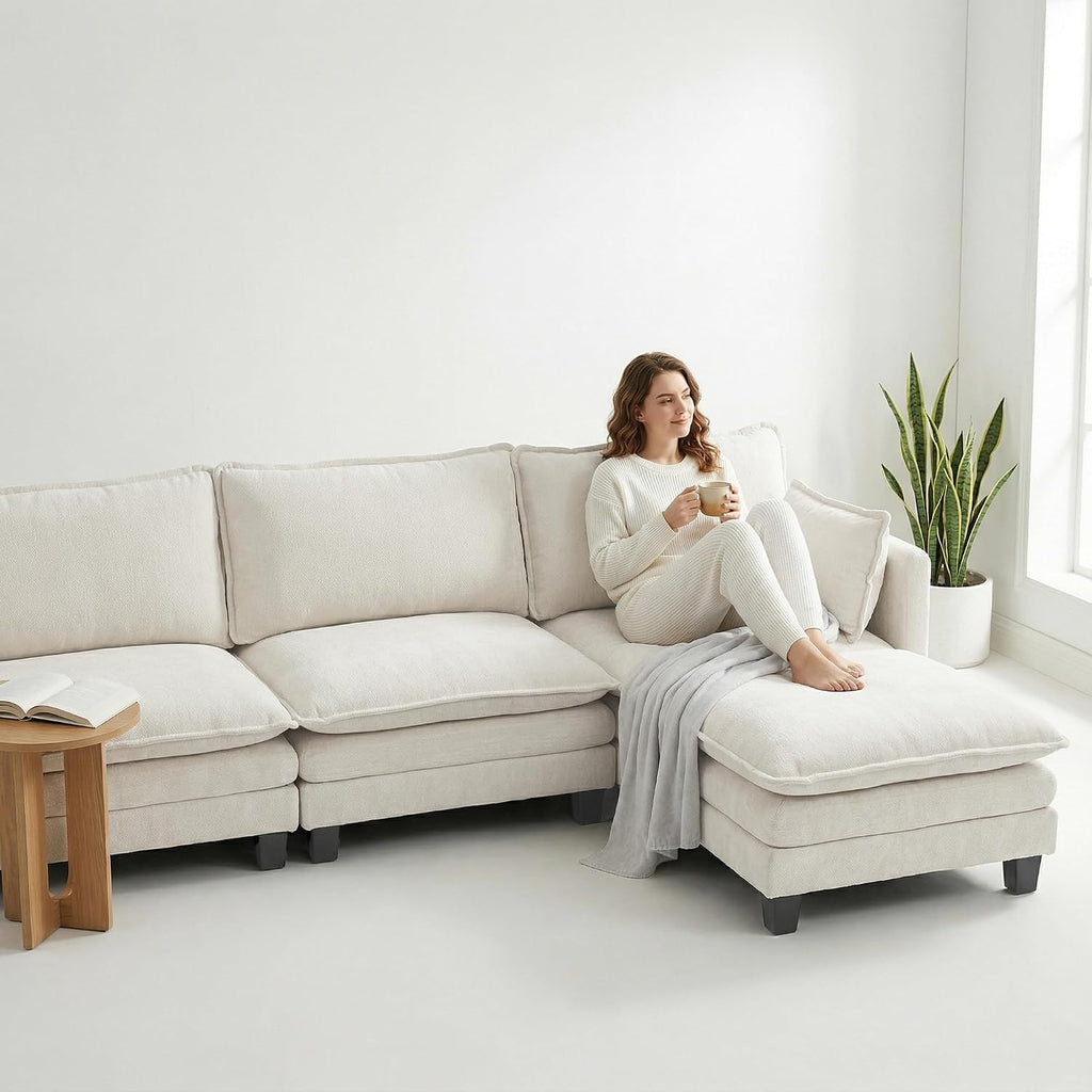 Eafurn Modular Sectional Sofa with Movable Ottomans for Living Room, 4 Seater Convertible U Shaped Sectional Couch Modern Reversible Chenille Sofa Set w/USB Ports and Side Pockets
