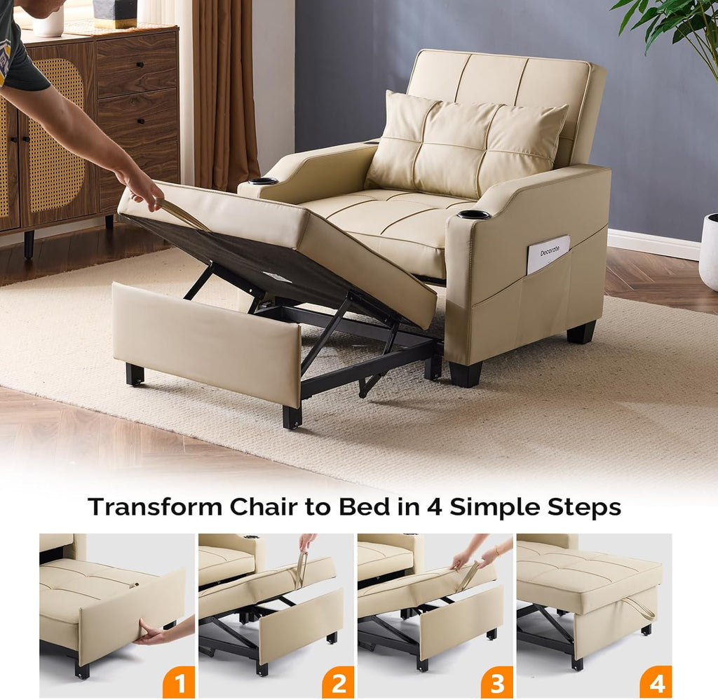VINGLI Beige Sleeper Chair Bed 3-in-1 Convertible Futon Sofa Bed Pull Out Couch Bed Adjustable Recliner Chair with USB Ports Cup Holders Side Pockets for Living Room Bedroom Small Spaces