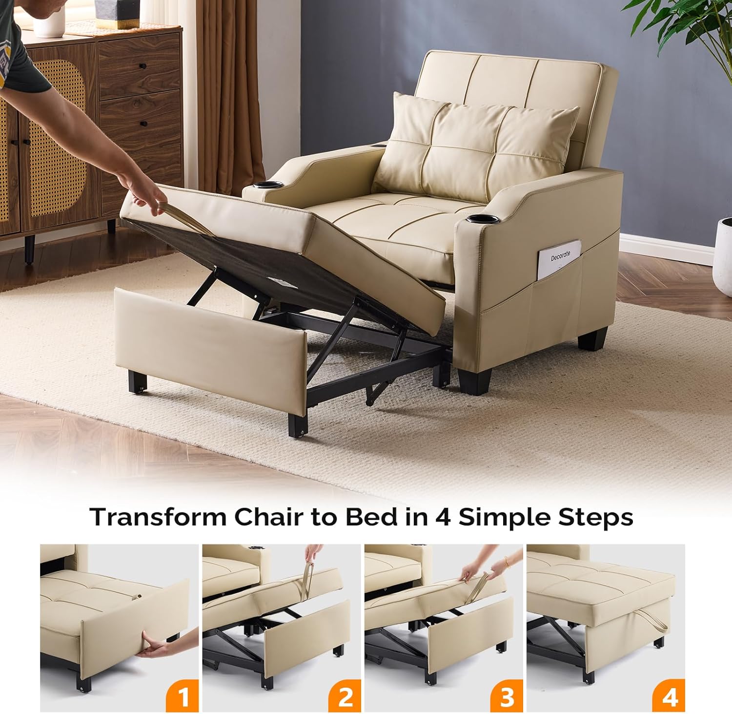 VINGLI Beige Sleeper Chair Bed 3-in-1 Convertible Futon Sofa Bed Pull Out Couch Bed Adjustable Recliner Chair with USB Ports Cup Holders Side Pockets for Living Room Bedroom Small Spaces