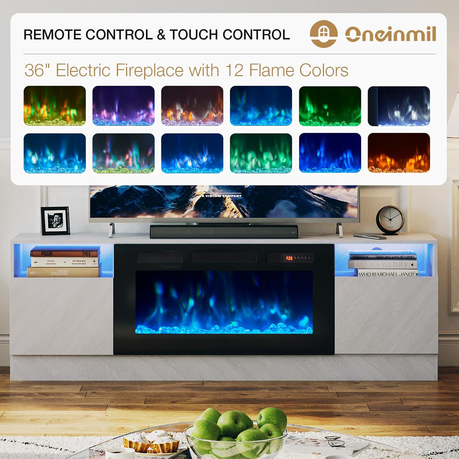 oneinmil Fireplace TV Stand with 36' Electric Fireplace, LED Light Entertainment Center, Modern Wood Texture Entertainment Stand with Highlight Storage Cabinet for TVs Up to 80', 70 inches, Grey