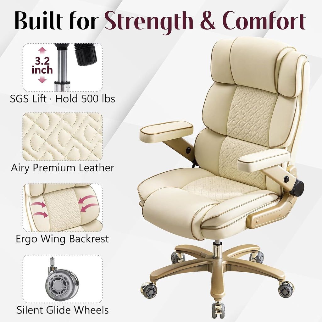 Big and Tall Office Chair 500lbs,5D Armrests Heavy Duty Executive Leather Chair with Comfortable Seat, Adjustable Lumbar, High Back, Large Computer Desk Chair for Home Office, Beige
