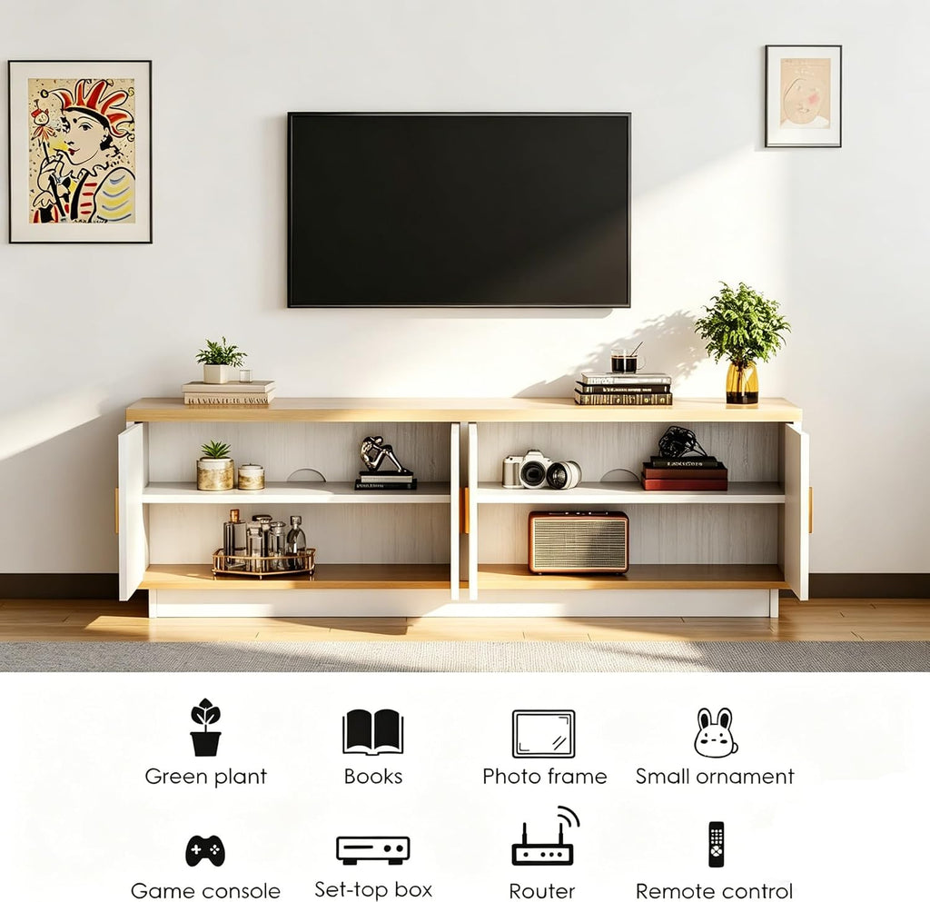 PROXRACER Rattan TV Stand for 65 Inch TV, Boho Media Console with 4 Woven Cane Doors, Modern Farmhouse Entertainment Center, Low Profile TV Cabinet with Storage for Living Room, White & Light Wood