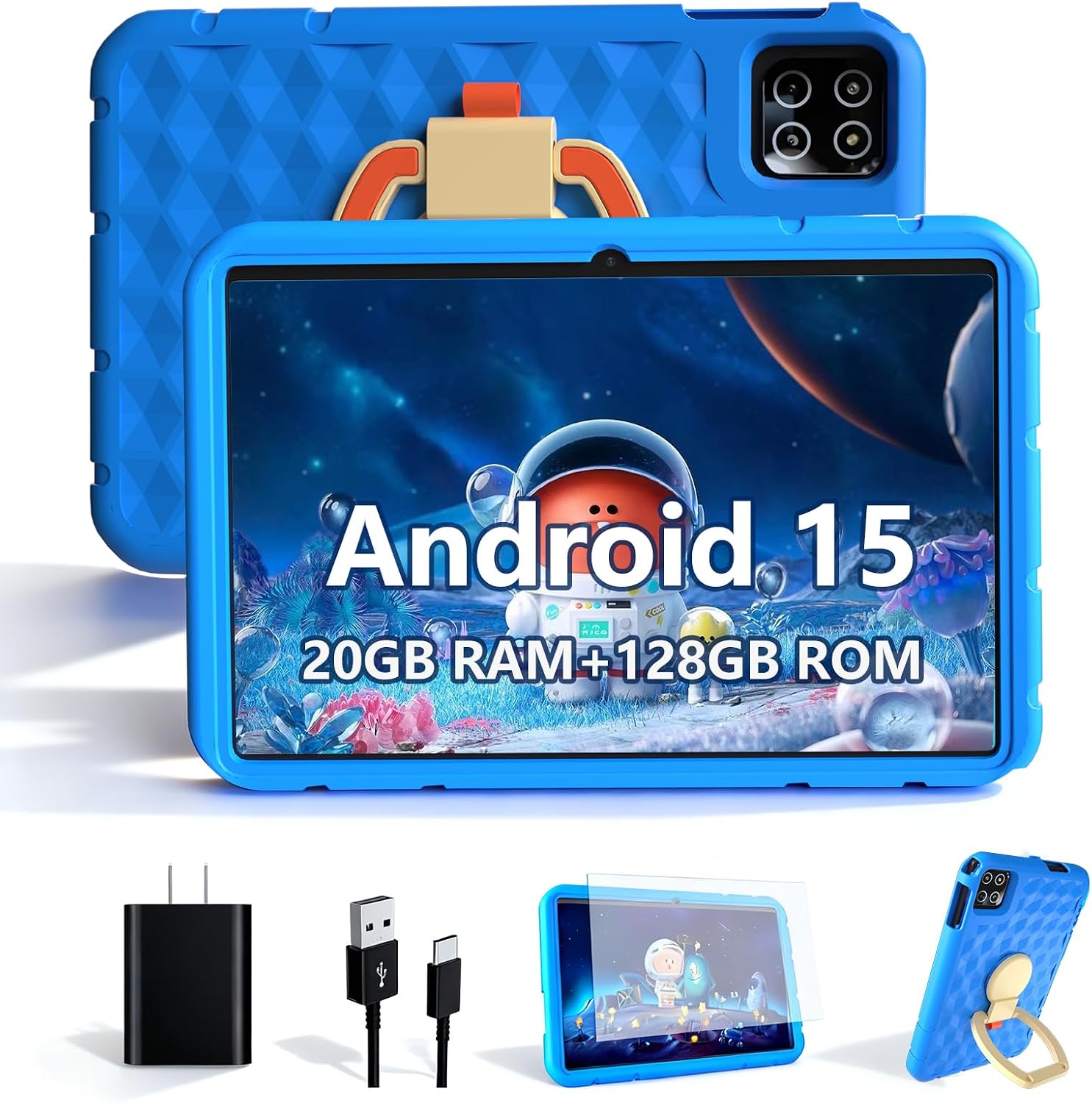 NRKDUBQ 2025 Latest 10.1 inch Kids Tablet Android 15 Tablets for Kids with EVA Protective Case 20GB RAM 128GB Storage Toddler Tablet, Parental Controls, 12-hr Battery, WiFi, GPS, Blue