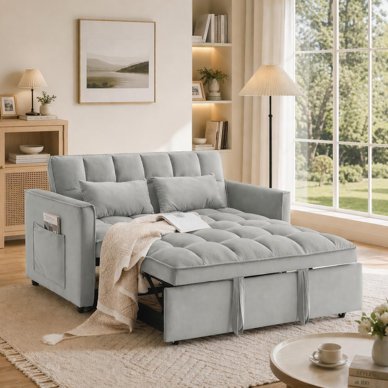Convertible Sleeper Sofa Bed, Loveseat Sleeper Sofa with Large Side Pockets, Pull Out Sofa Bed with 3 Position Adjustable Backrest, 3 in 1 Velvet Couch Bed for Small Spaces, Apartment, Gray
