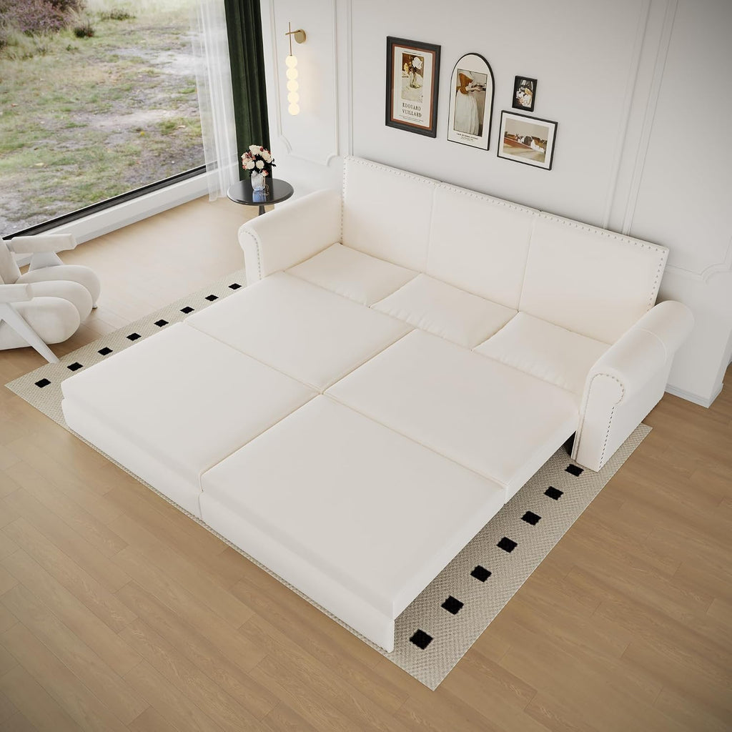 93.7' King Pull Out Sofa Bed, Velvet Sleeper Sofa Couch, 3 in 1 Convertible Futon Couches for Living Room, Small Space, Apartment, Office, Bedroom, Modern Rivet Armrest, Beige