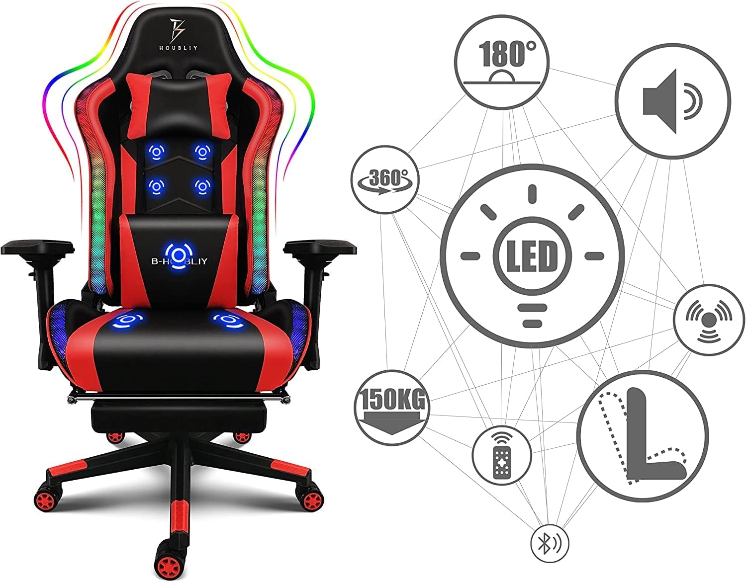 Gaming Chair with LED Lights and Speakers, 4D Armrest Gaming Chair, Ergonomic Full Massage PU Leather Lumbar Support Gaming Chair,Adults Teens Computer Chair.,Black