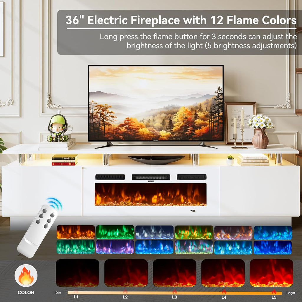 80' Entertainment Center & TV Stand, Modern Media Console with Storage Cabinet, Fits TVs up to 90', Living Room Furniture, 36' Electric Fireplace (All White)