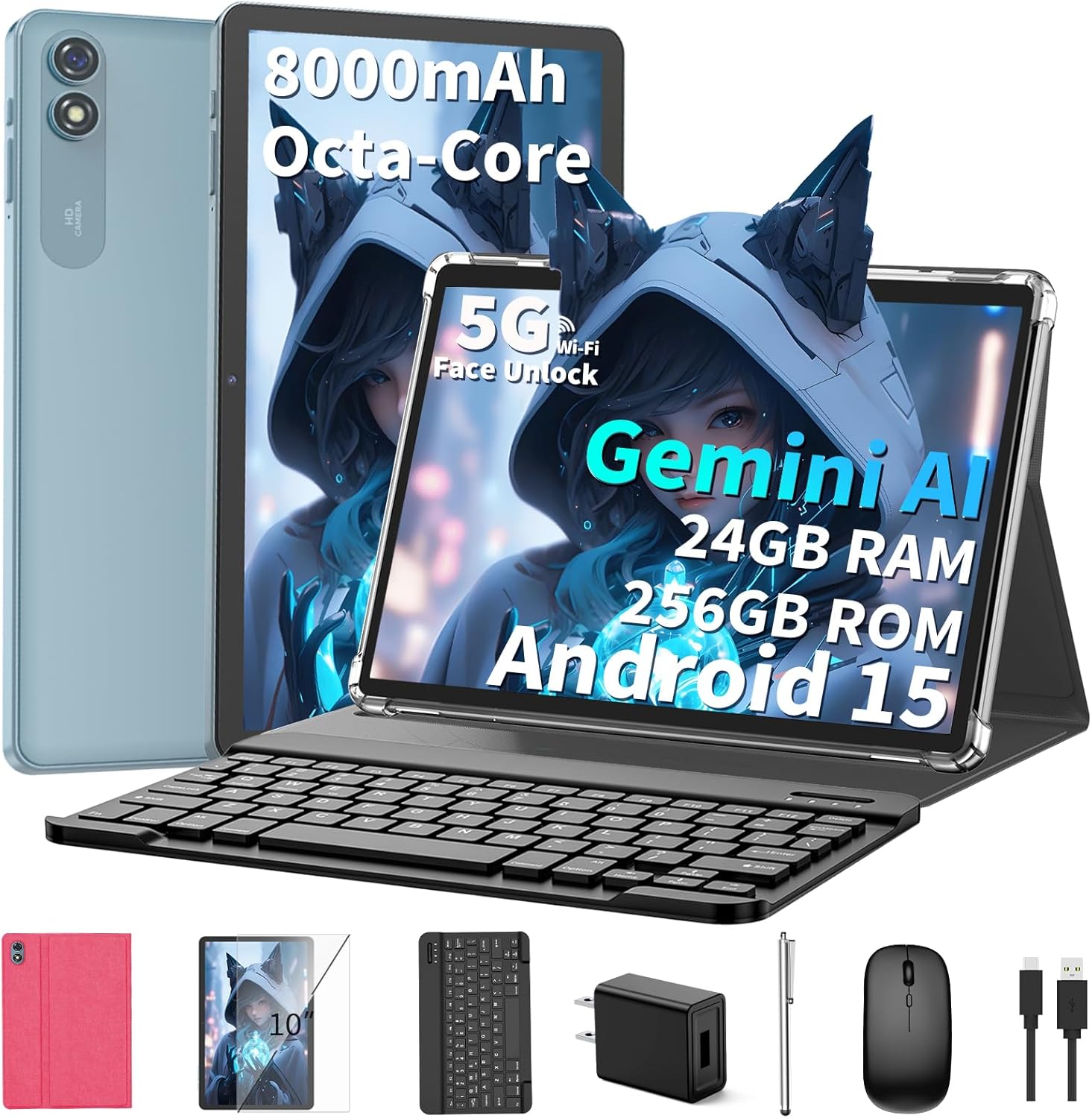 10 inch Android 15 Tablet, 2026 Tablet with Keyboard, 24GB+256GB+2TB Expand, Tablets PC with Gemini AI, 8000mAh Battery, 5G WiFi, Widevine L1, 2 in 1 Tablets with Case, Mouse, Stylus (Pink Case)