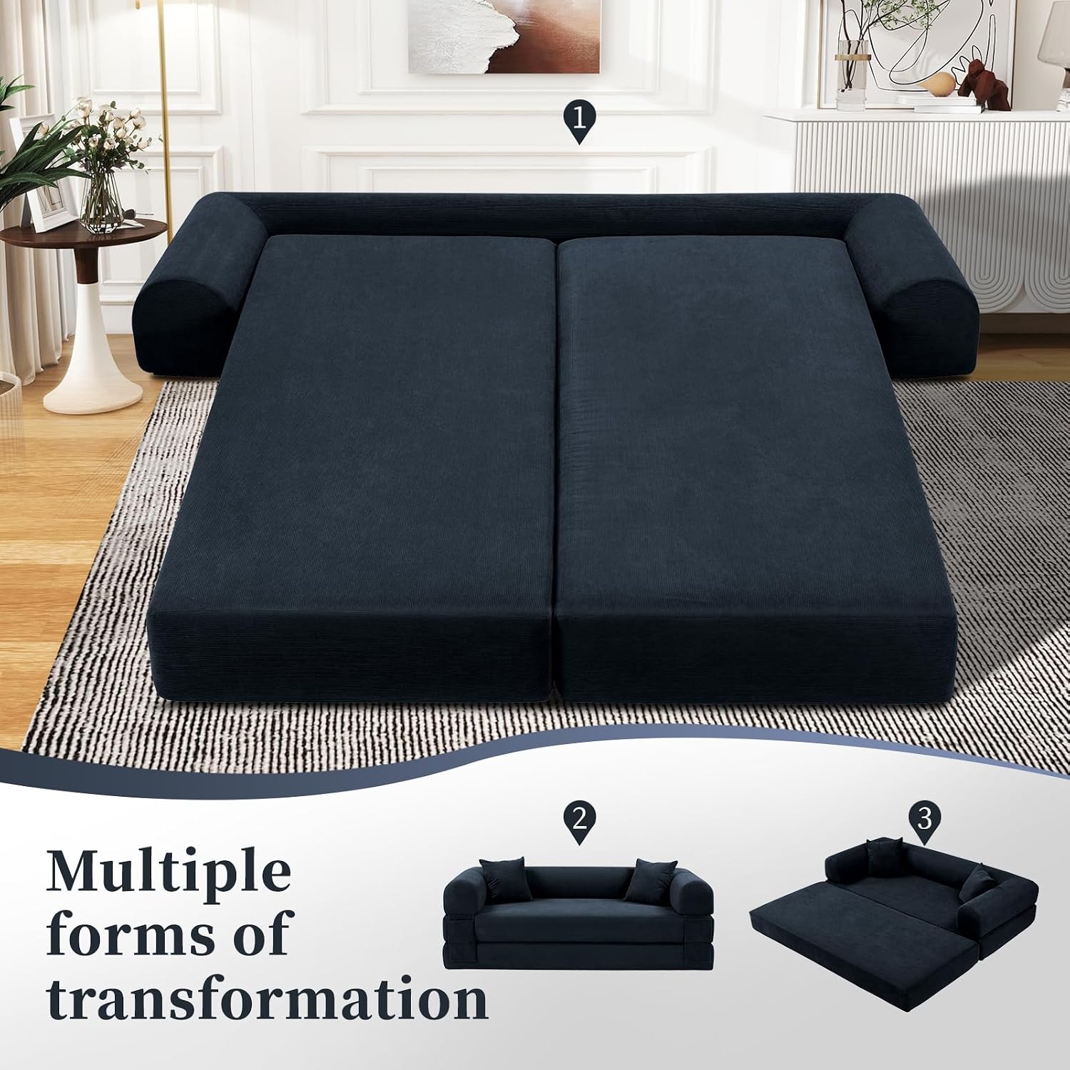 KBQ 3-Seat Convertible Sleeper Sofa Bed with 2 Pillows, Corduroy Folding Mattress Couch, Floor Sofa Lounge Couch for Living Room Bedroom Lounge Studio, Deep Blue