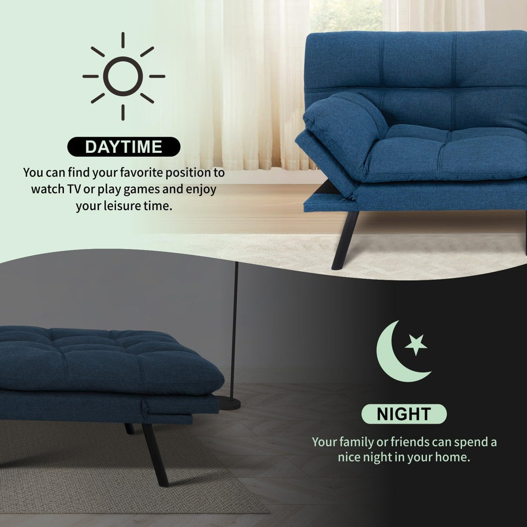 MUUEGM 71' Convertible Futon Sofa Bed, Upholstered Small Futon Couches with Adjustable Backrest, Loveseat Sleeper Bed for Compact Living Room Studio Office (Navy Blue)