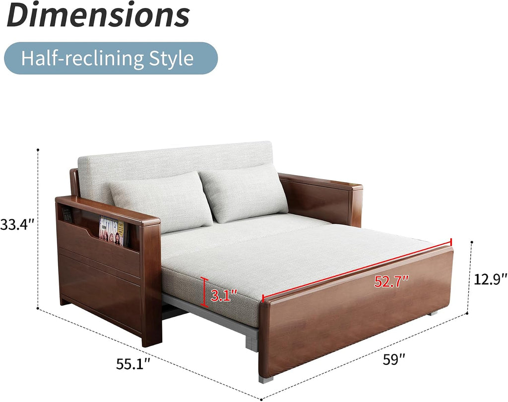 59' convertible sofa sleeper with storage,grey soft cushion sectional sleeper sofa with reversible chaise,walnut color wood sofa bed 3 in 1 pull out couch bed for livingroom,apartment,bedroom,office