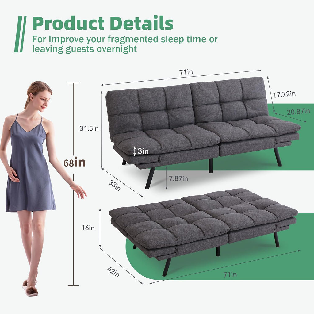 Opoiar Convertible Futon Sofa Bed,Linen Fabric Futon Couch,Sofa & Couch Soft Cushions Love Seat Daybed for Studio, Apartment, Office, Small Space, Compact Living Room,Grey