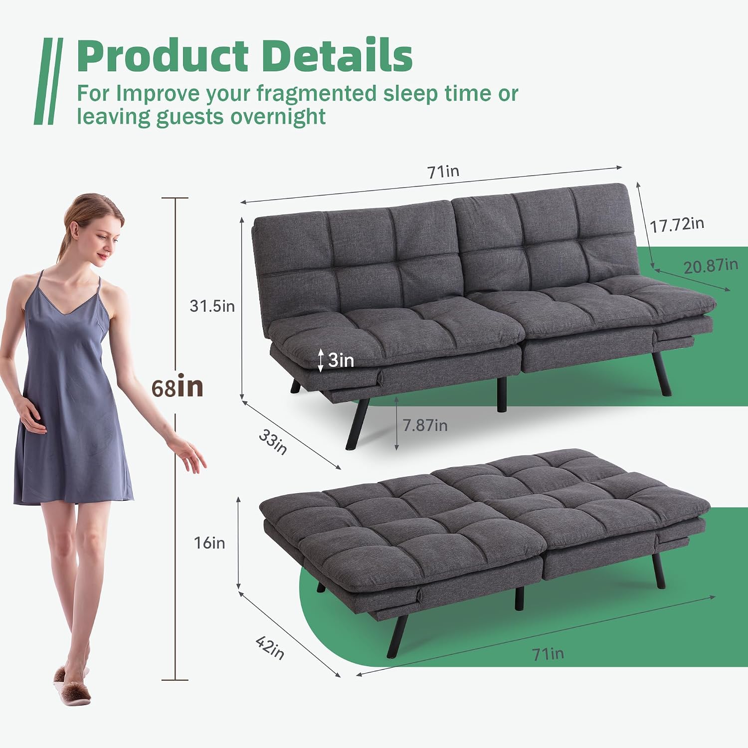 Opoiar Convertible Futon Sofa Bed,Linen Fabric Futon Couch,Sofa & Couch Soft Cushions Love Seat Daybed for Studio, Apartment, Office, Small Space, Compact Living Room,Grey
