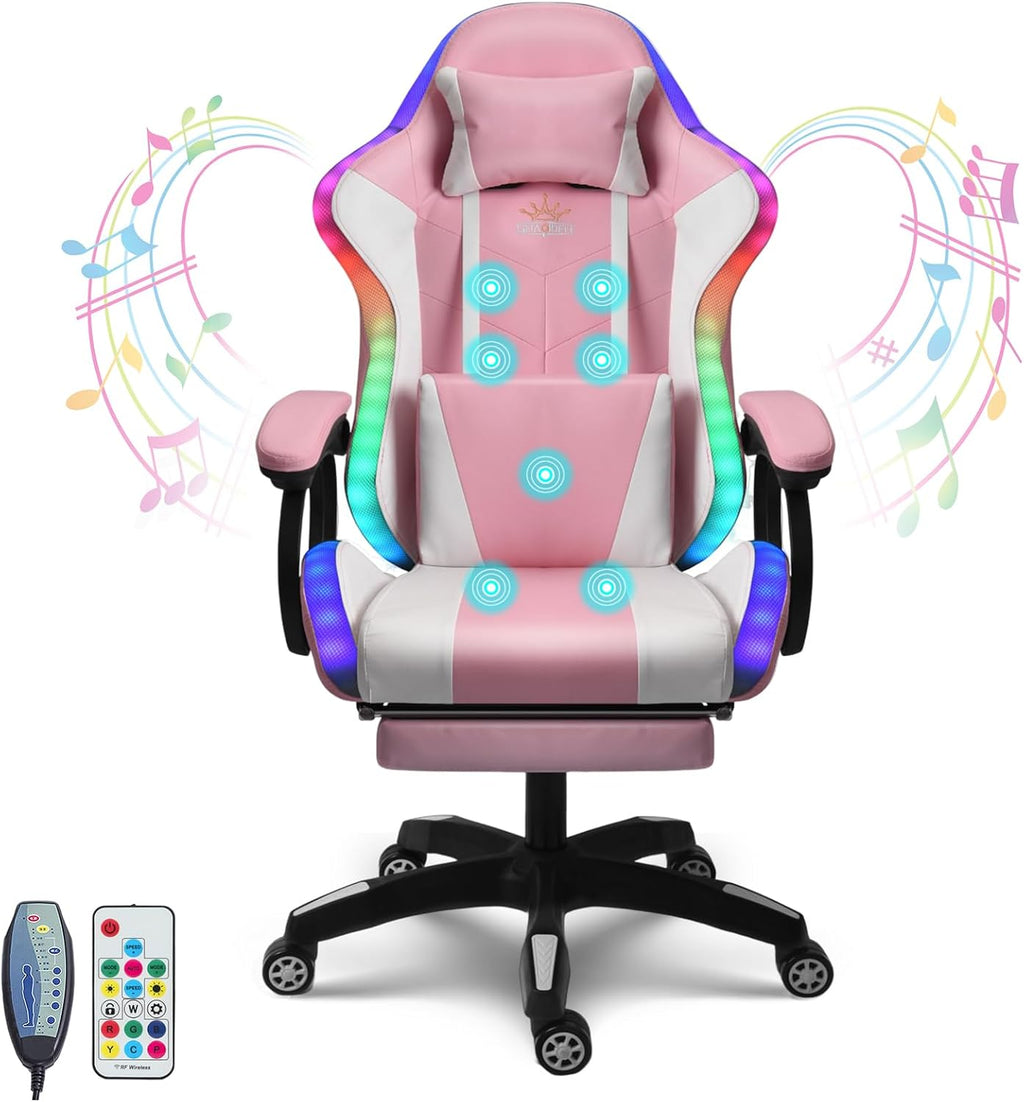 Ergonomic Gaming Chair Computer Chair with RGB LED Lights and Speakers, Office Chair PU Leather Massage Swivel Recliner Chair with Footrest Lumbar Support Headrest Armrest,Pink