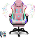 Ergonomic Gaming Chair Computer Chair with RGB LED Lights and Speakers, Office Chair PU Leather Massage Swivel Recliner Chair with Footrest Lumbar Support Headrest Armrest,Pink