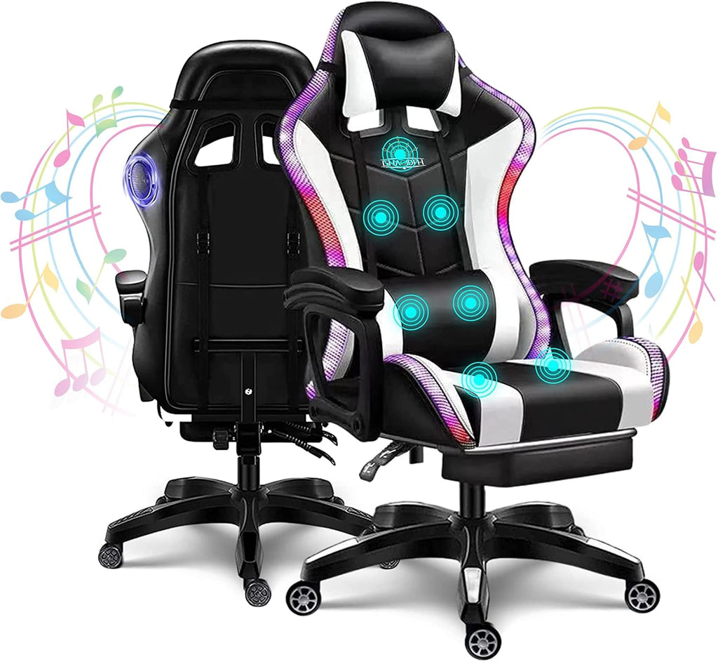 LED Gaming Chair Ergonomic Massage Racing Computer Chairs High Back Video Game Chairs with Speakers PU Leather with Footrest Headrest Lumbar Support Office Desk Chair for Adults Teens,White