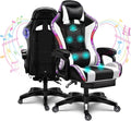 LED Gaming Chair Ergonomic Massage Racing Computer Chairs High Back Video Game Chairs with Speakers PU Leather with Footrest Headrest Lumbar Support Office Desk Chair for Adults Teens,White
