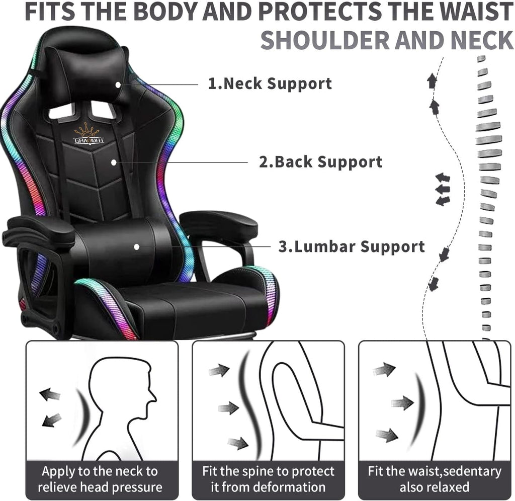 LED Gaming Chair Ergonomic Massage Racing Computer Chairs High Back Video Game Chairs with Speakers PU Leather with Footrest Headrest Lumbar Support Office Desk Chair for Adults Teens,White