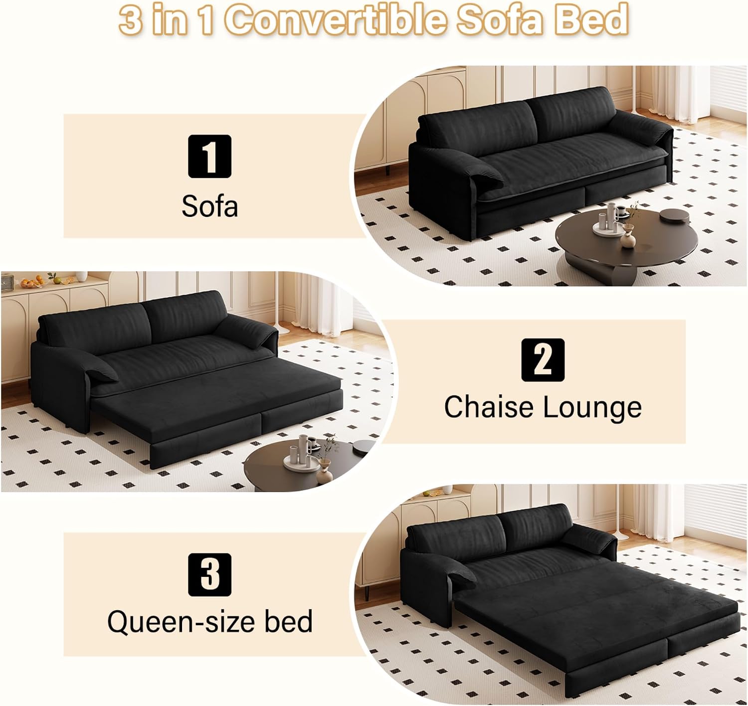 3 in 1 Convertible Queen Sleeper Sofa Bed Comfy Pull Out Futon Couch Bed 66' Modern Velvet Recliner Loveseat Sofa Multi-Functional Black Cloud Couch for Living Room,Apartment,Office (Black 66')