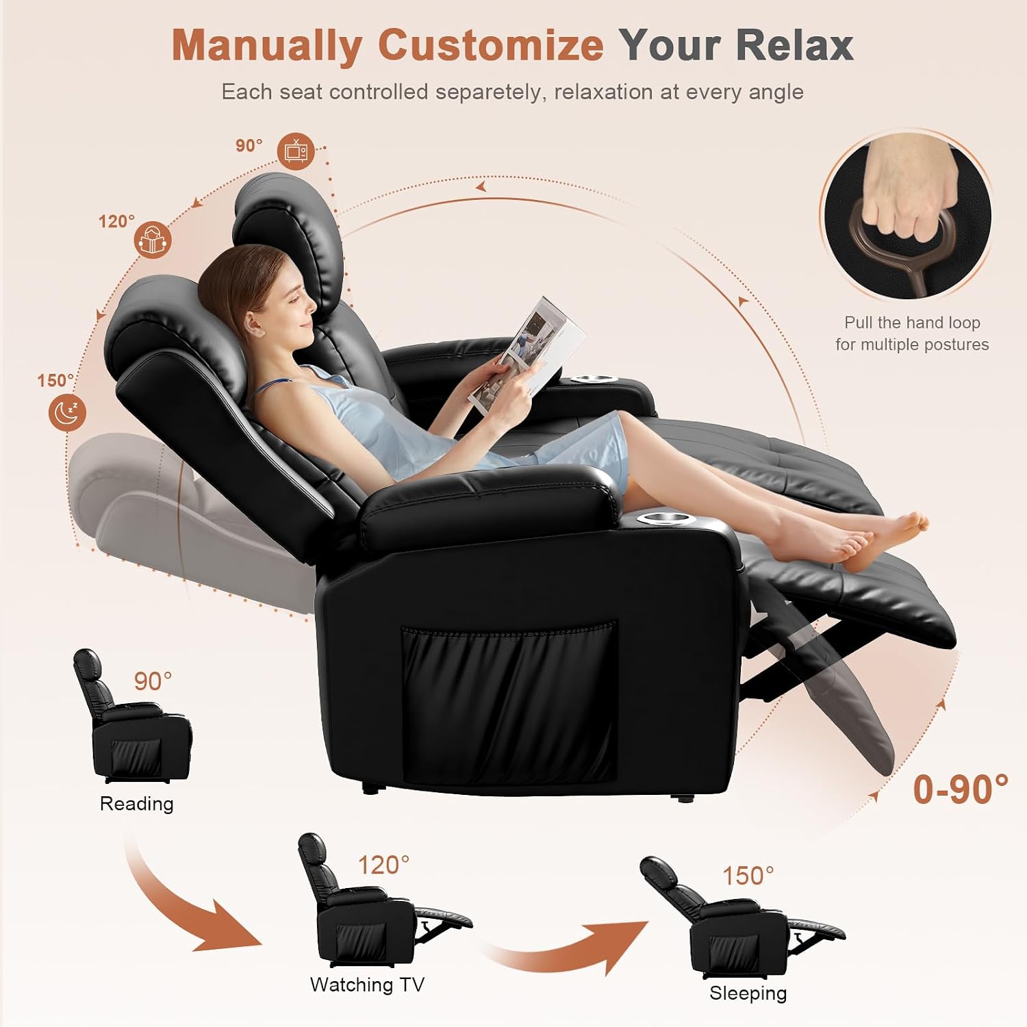 RV Loveseat Recliner Sofa, Oversized Massage Wall Hugger 3-Seater Recliners Couch with Flip Middle Backrest, Drawers & Cup Holder, Reclining Sleeper, 150° Adjustable Recline for RV & Living Room