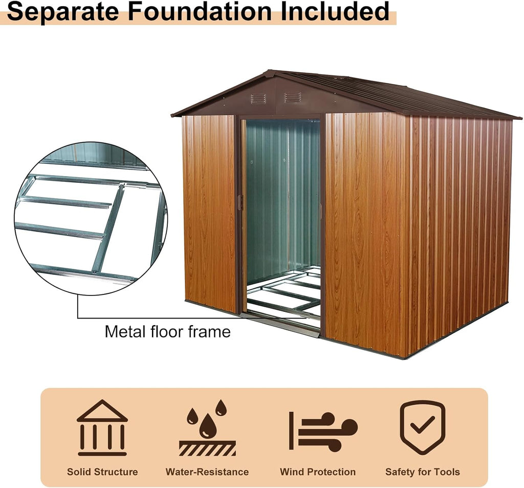 KEIKI 8x6 FT Outdoor Metal Storage Shed with Peaked Roof,Vents and Lockable Sliding Door for Garden Yard Lawn