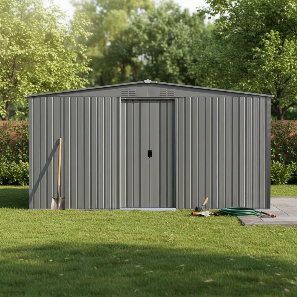 YOPTO 12x14 FT Sheds & Outdoor Storage,Metal Waterproof Firewood Shed with 2 Integrated Punched Vents,2-in-1Heavy-Duty Garden Tool House w/Window & Door,Shelter for Wood,Bicycles,Grey