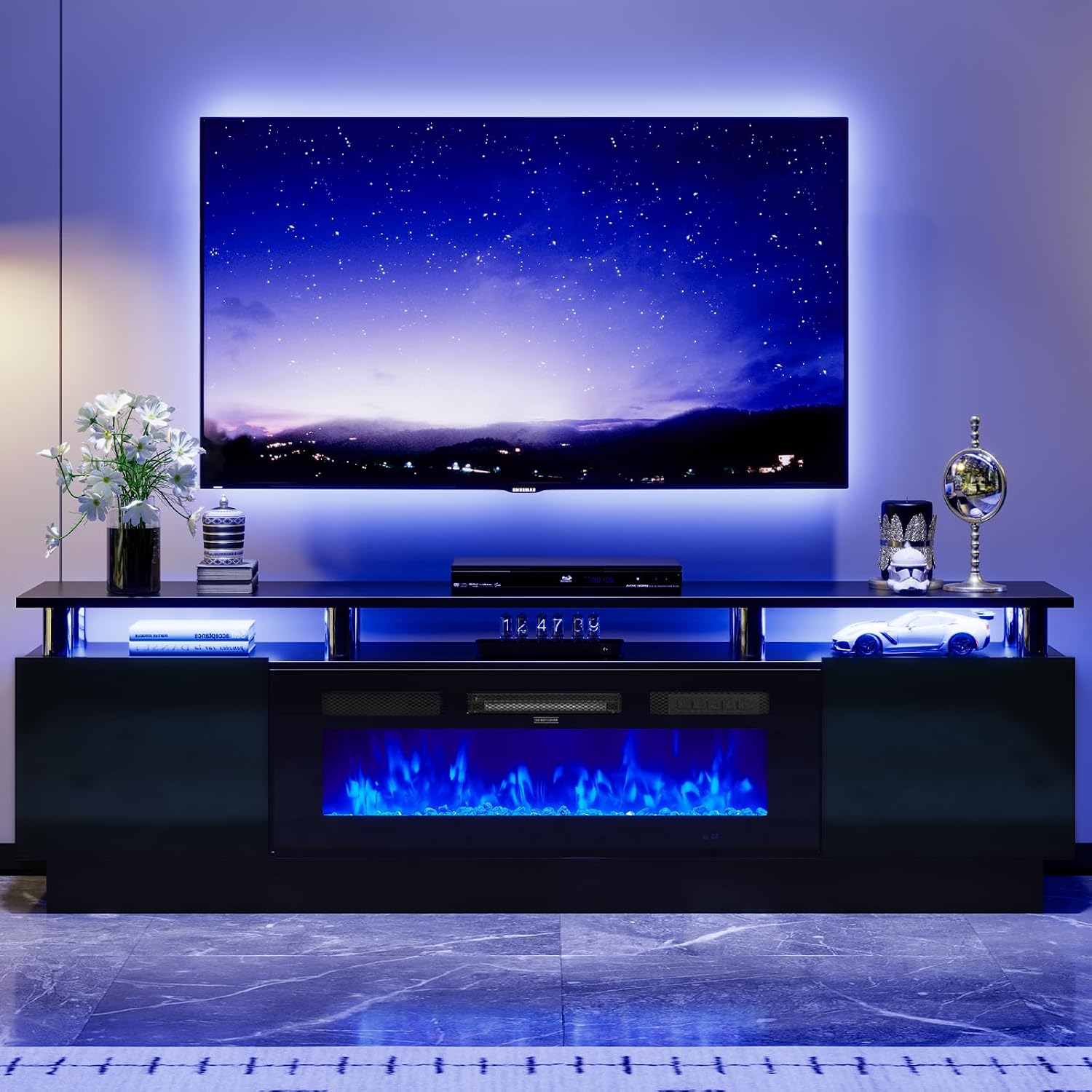70' TV Stand for Living Room, Modern Entertainment Center & Media Console, Fits TVs up to 80', Storage Cabinet with Shelves, 36' Electric Fireplace with LED Flame (All Black)