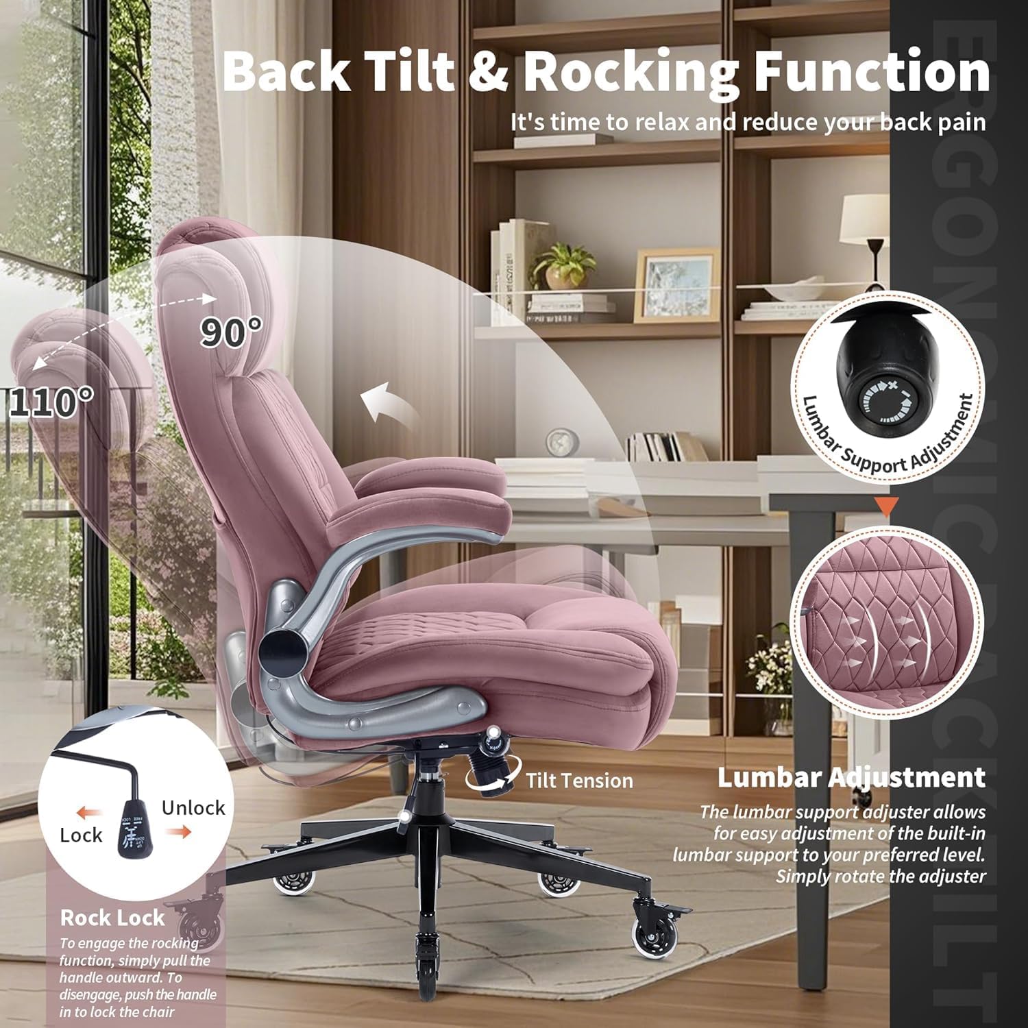 Office Chair with Locking Wheels, Ergonomic High Back Fabric Desk Chair with Adjustable Lumbar Support, Flip-Up Arms, Thick Padded Seat, 400lbs Heavy Duty for Home Office Adults