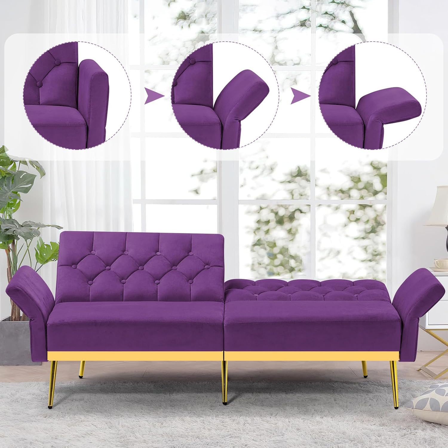 Velvet Sofa Bed w/Adjustable Armrests and Backrests, Modern Convertible Sleeper Sofa, Tufted Futon Sofa for Bedroom, Living Room, Apartment, Purple