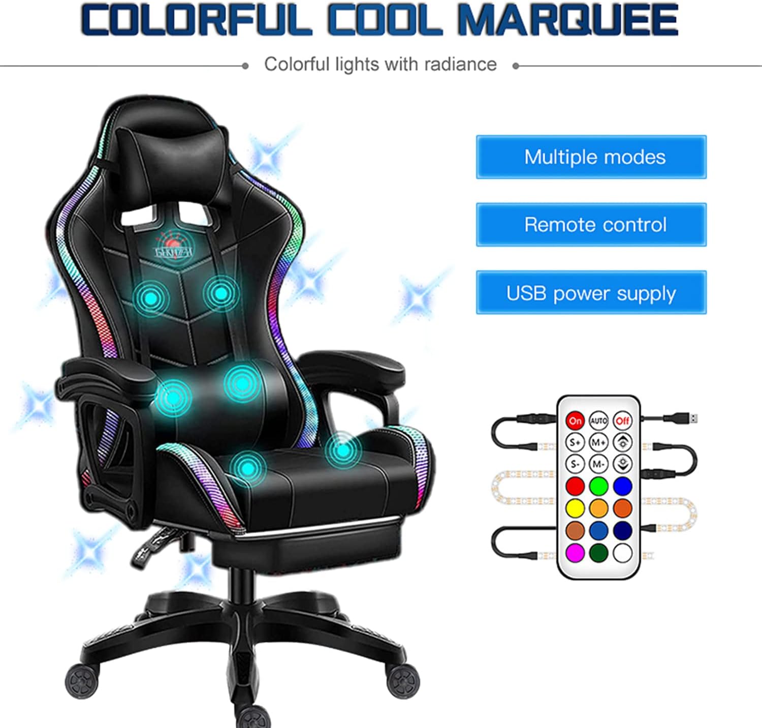 PC Gaming Chair Racing Office Chair Ergonomic Desk Chair with Speakers and LED Lights, E-Sports Computer Chair with Footrest and Lumbar Support, Swivel PU Leather Chair for Adults Teens