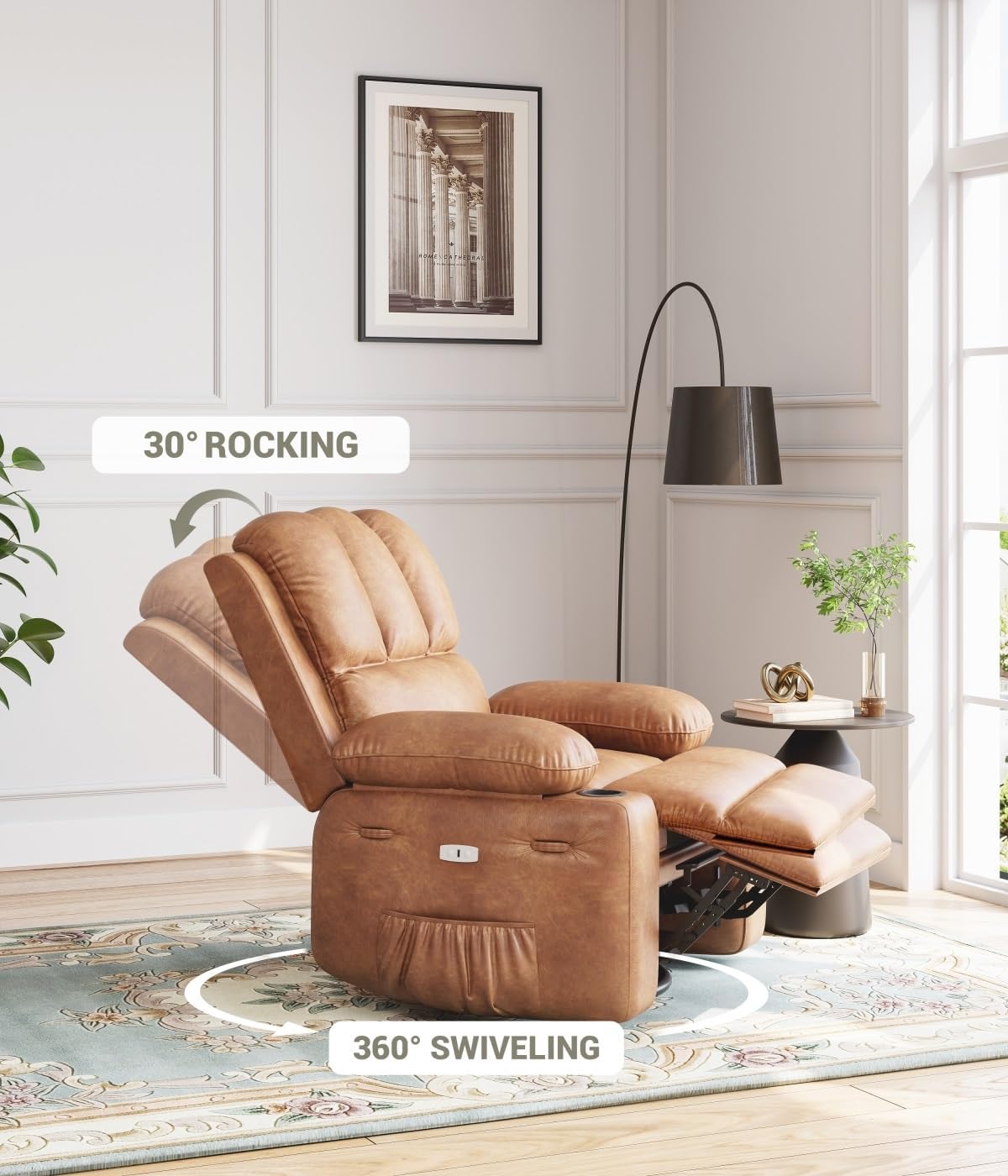 Oversized Electric Recliner Chair for Adults, Swivel Rocker Recliner with Massage and Heat, Pu Leather Single Sofa with Cup Holder and Side Pocket, for Living Room, Bedroom, Vintage Leather