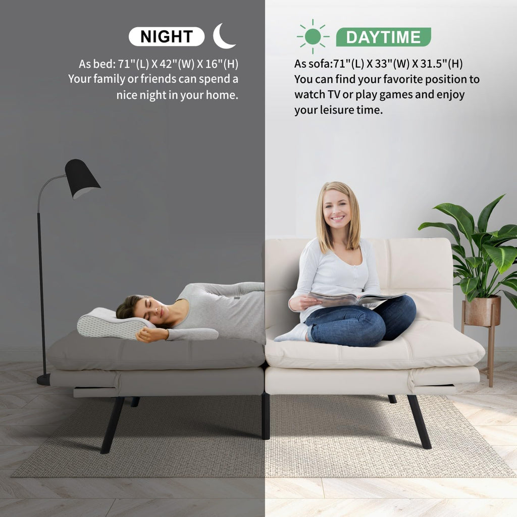 MUUEGM 71' Futon Sofa Bed, Convertible Couch Filled with Memory Foam, Modern Loveseat with Adjustable Backrest&Armrest, Sofas for Living Room,Game Room,Dormitory,Office.White Leather