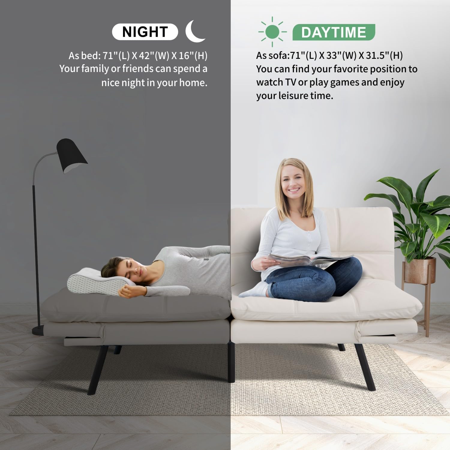MUUEGM 71' Futon Sofa Bed, Convertible Couch Filled with Memory Foam, Modern Loveseat with Adjustable Backrest&Armrest, Sofas for Living Room,Game Room,Dormitory,Office.White Leather