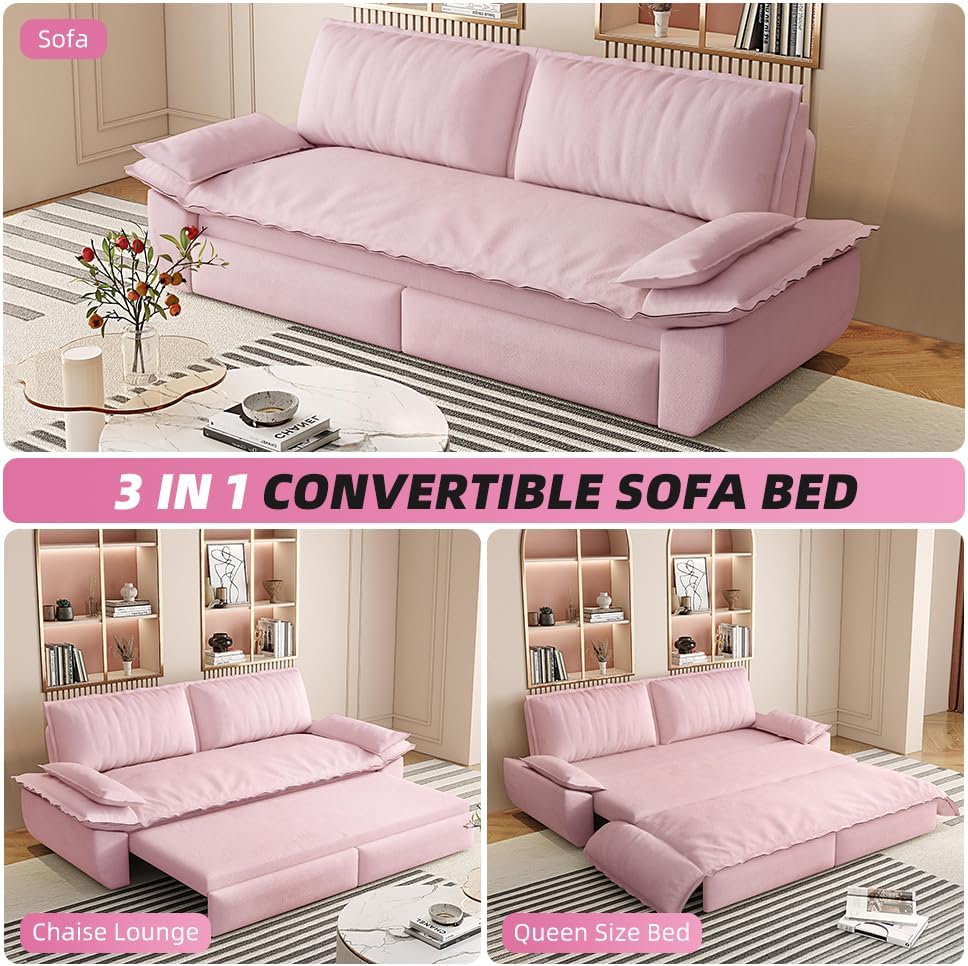 3-in-1 Convertible Sofa Bed Queen Size Pull Out Sleeper Sofa with Heavy Duty Metal Frame, Luxurious Velvet Upholstered Loveseat with 2 Pillows, Modern Folding Guest Bed for Living Room, Apartment | Removable Cushions